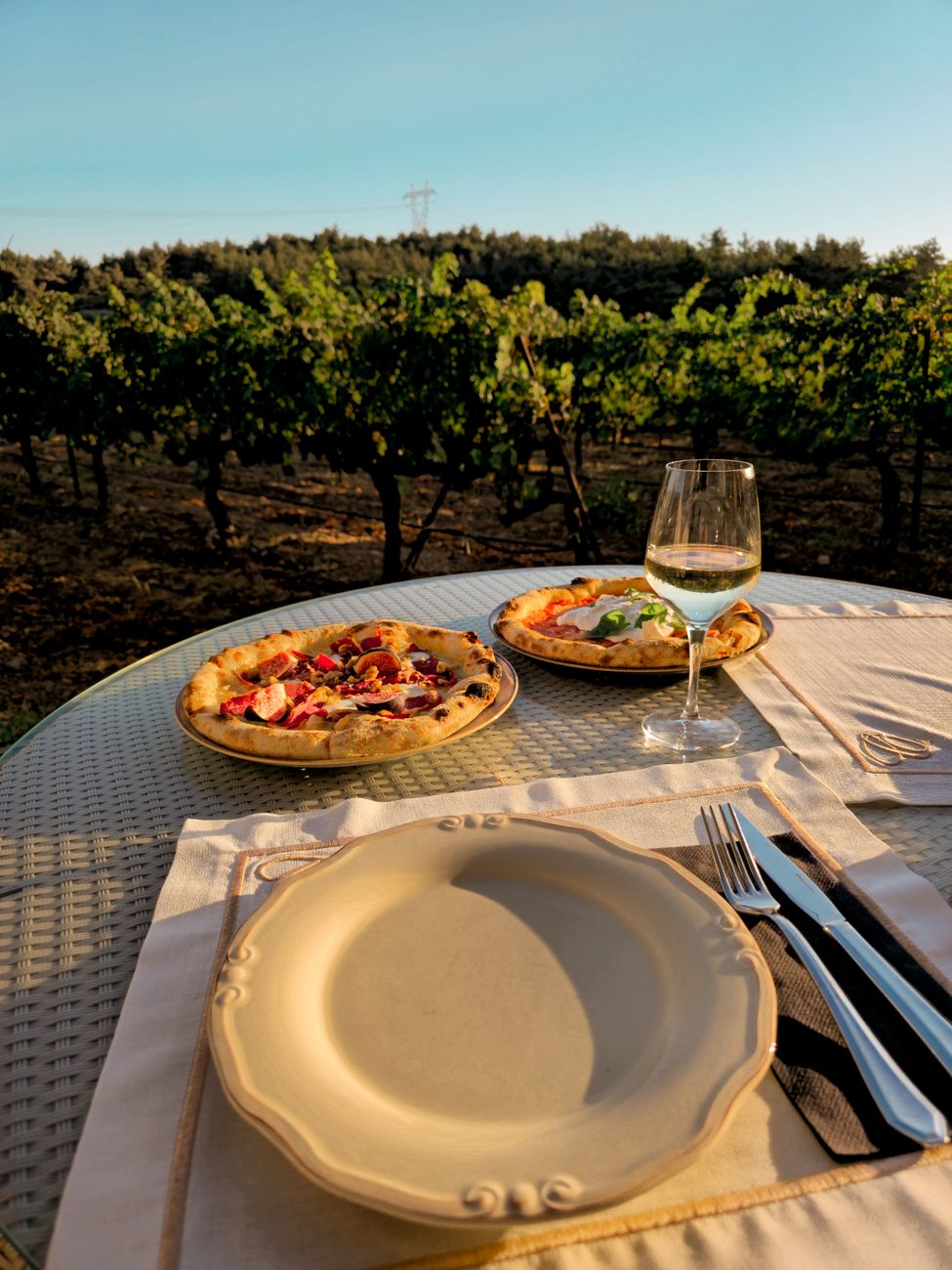 Culinary table overlooking vineyards at golden hour